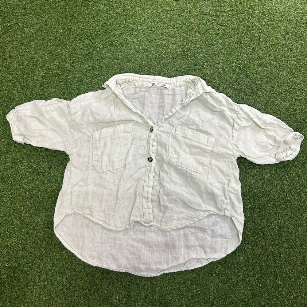 Zara Womens Light Green 100% Linen Short Sleeve High Low Button Down Shirt S